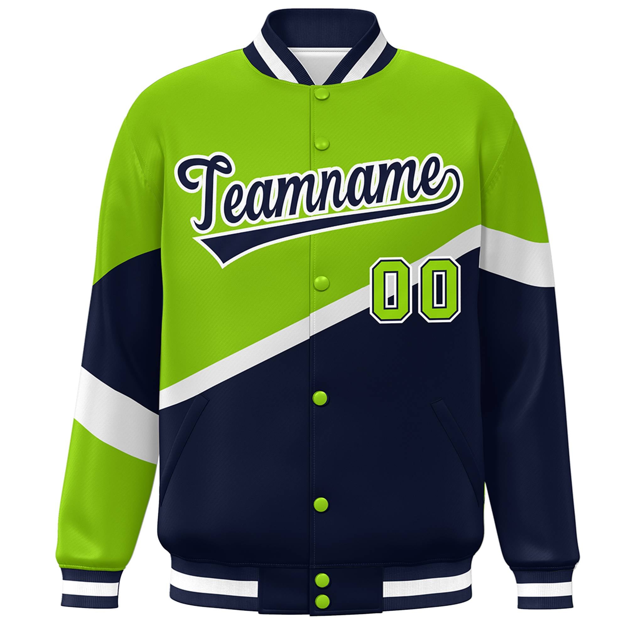 Custom Neon Green Navy-White Color Block Bomber Varsity Baseball Jacket