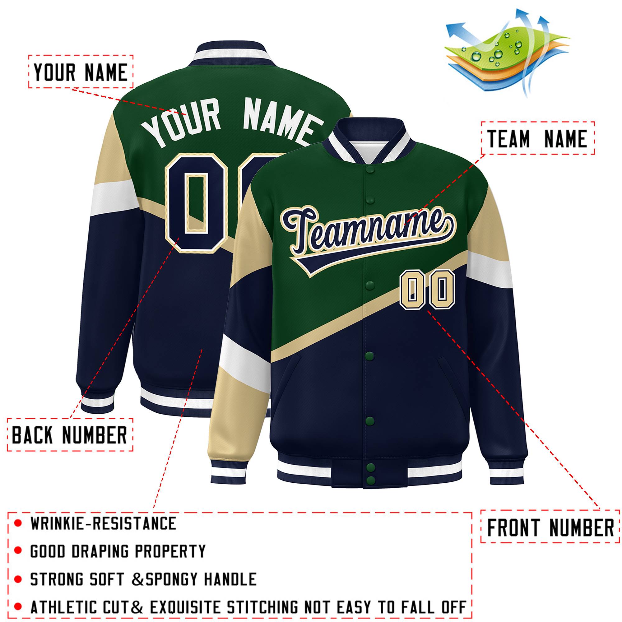 Custom Green Navy-White Color Block Bomber Varsity Baseball Jacket