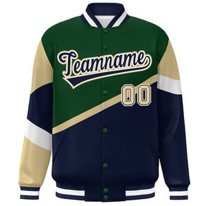 Custom Green Navy-White Color Block Bomber Varsity Baseball Jacket