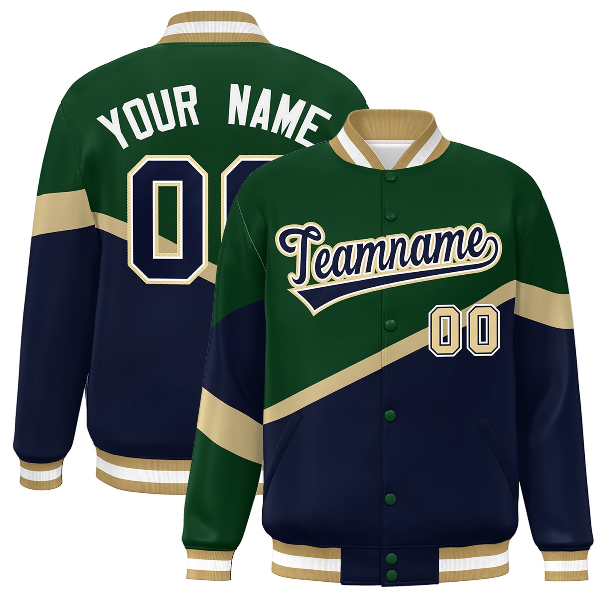 Custom Green Navy-White Color Block Bomber Varsity Baseball Jacket