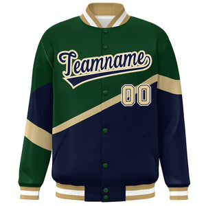 Custom Green Navy-White Color Block Bomber Varsity Baseball Jacket