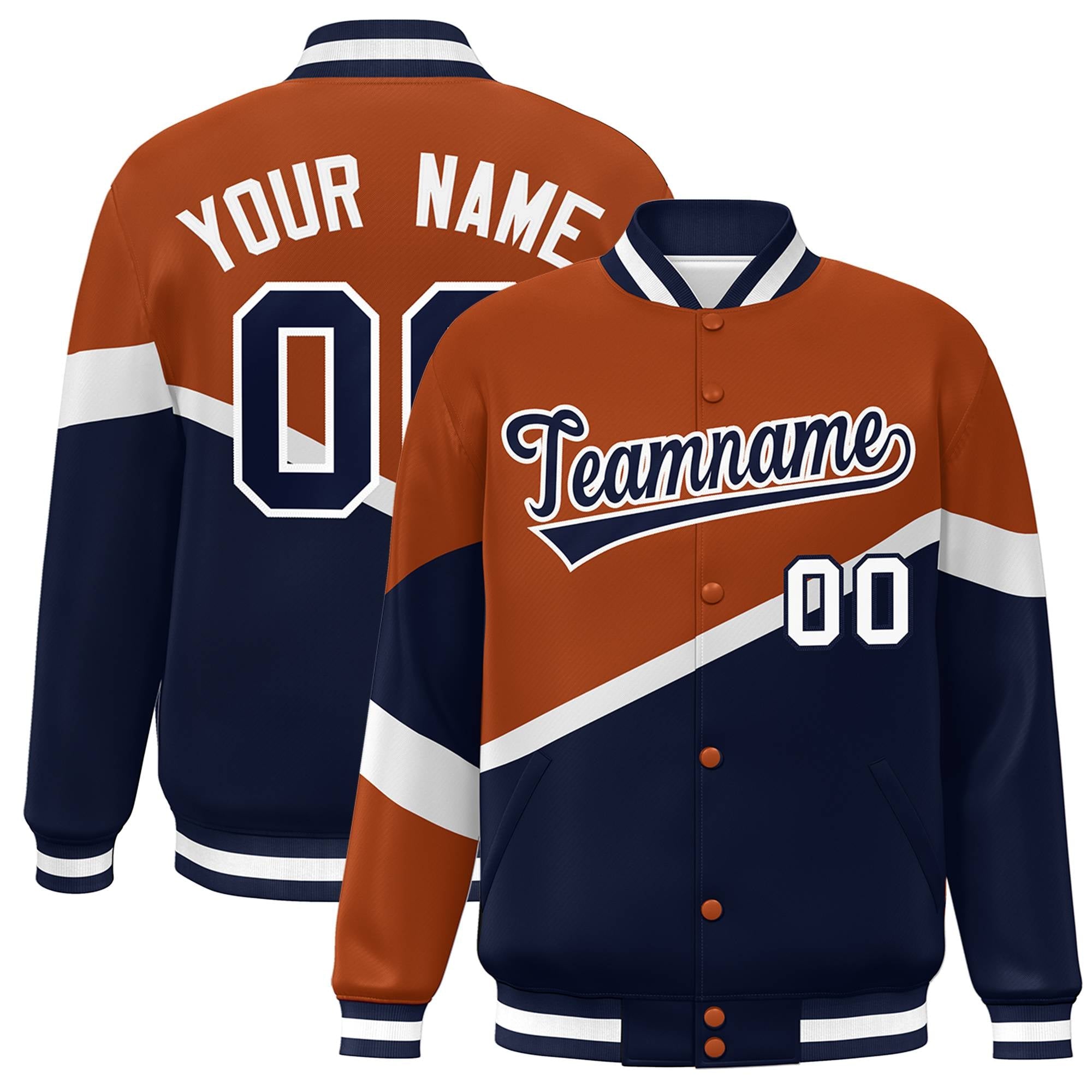 Custom Orange Navy-White Color Block Bomber Varsity Baseball Jacket