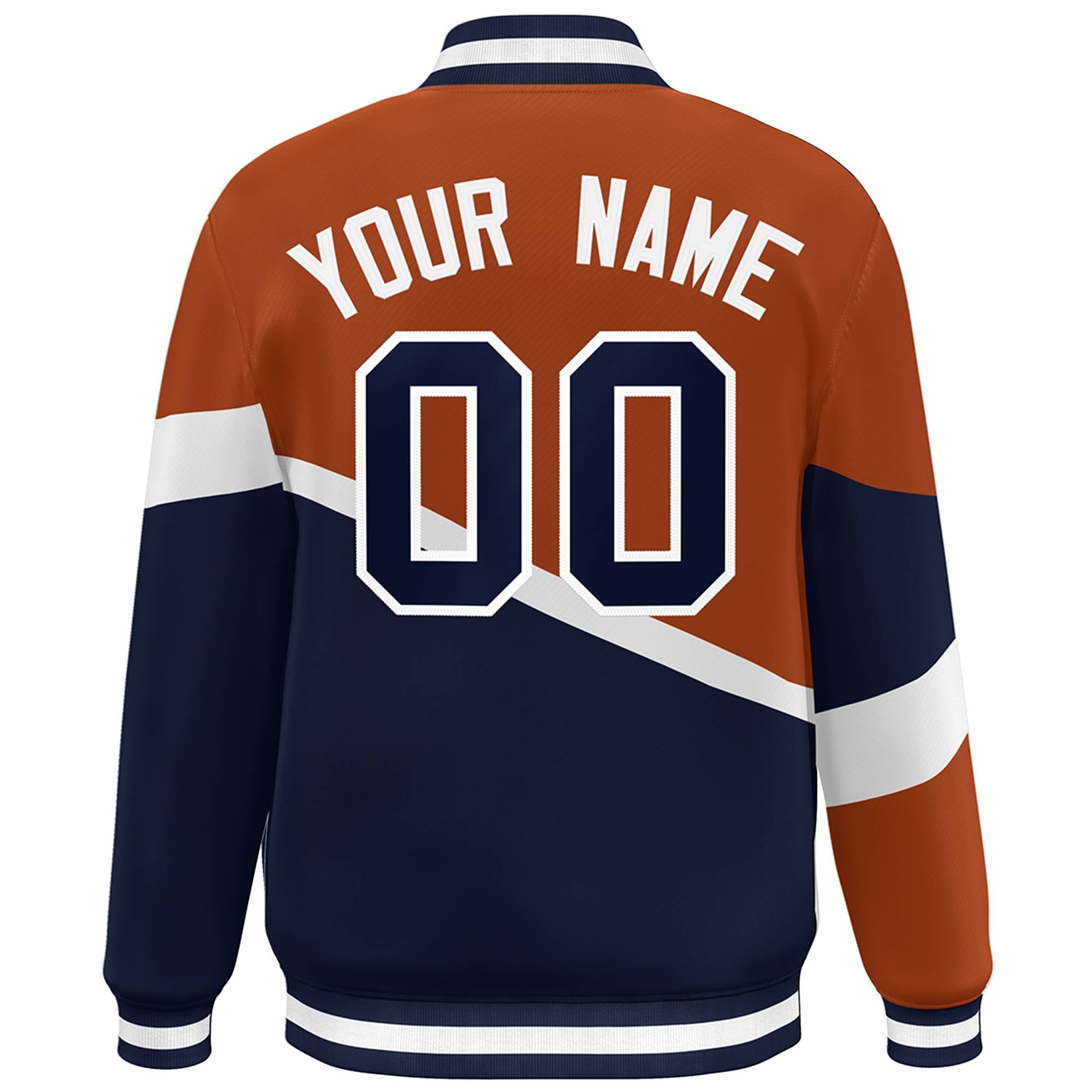 Custom Orange Navy-White Color Block Bomber Varsity Baseball Jacket