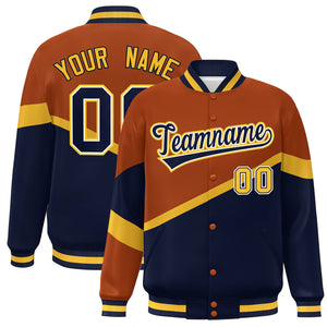 Custom Orange Navy-White Color Block Bomber Varsity Baseball Jacket