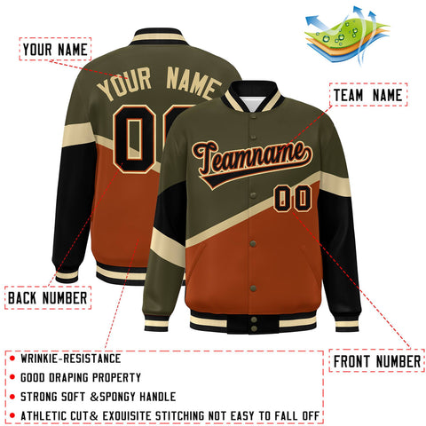 Custom Olive Orange Black-Orange Color Block Bomber Varsity Baseball Jacket