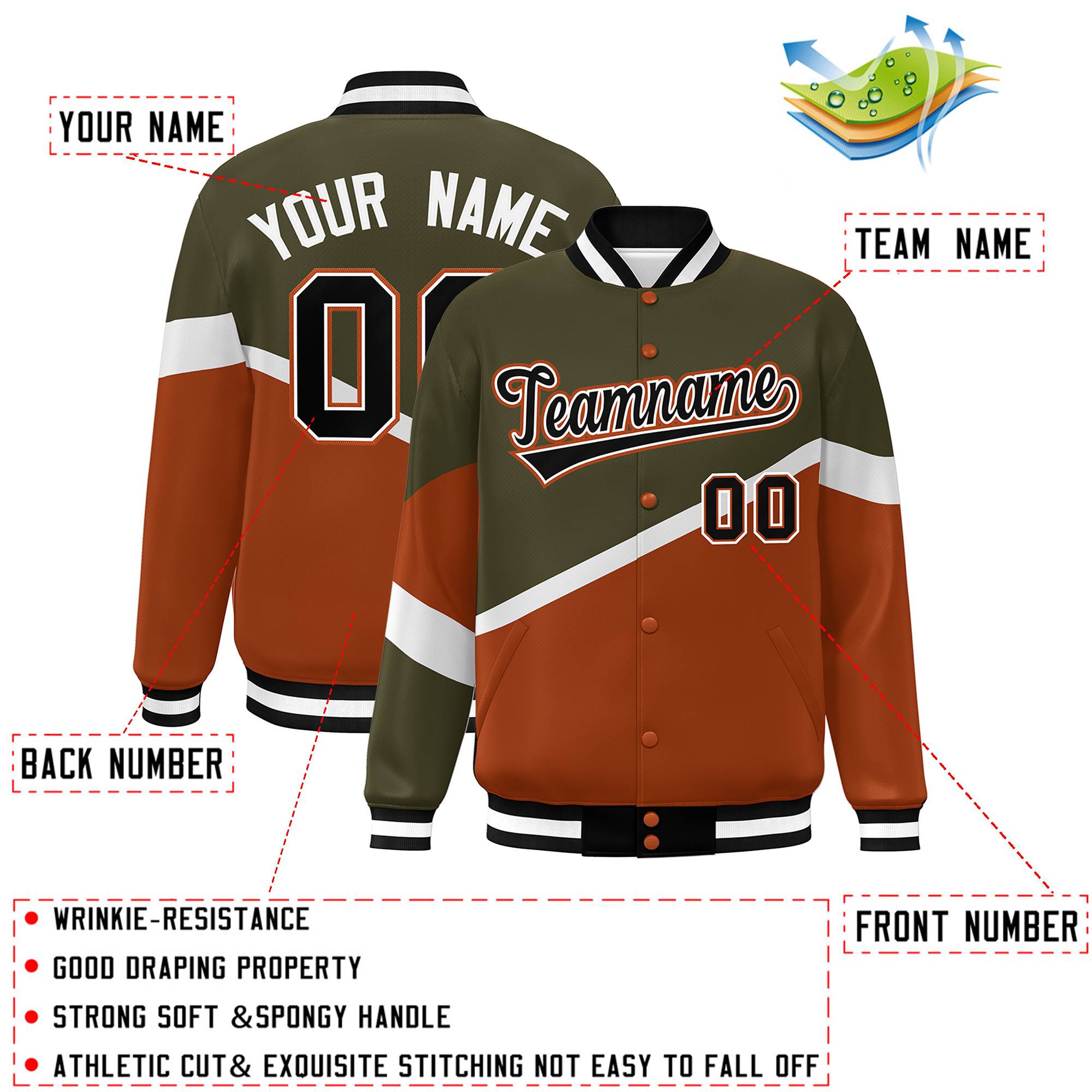 Custom Olive Orange Black-White Color Block Bomber Varsity Baseball Jacket