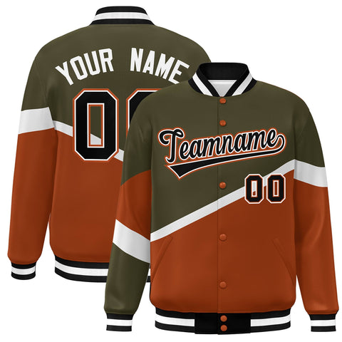 Custom Olive Orange Black-White Color Block Bomber Varsity Baseball Jacket