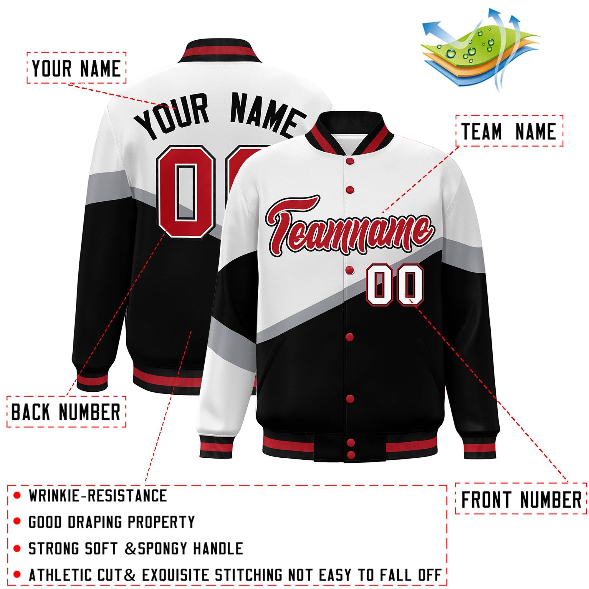 Custom White Black Red-White Color Block Bomber Varsity Baseball Jacket