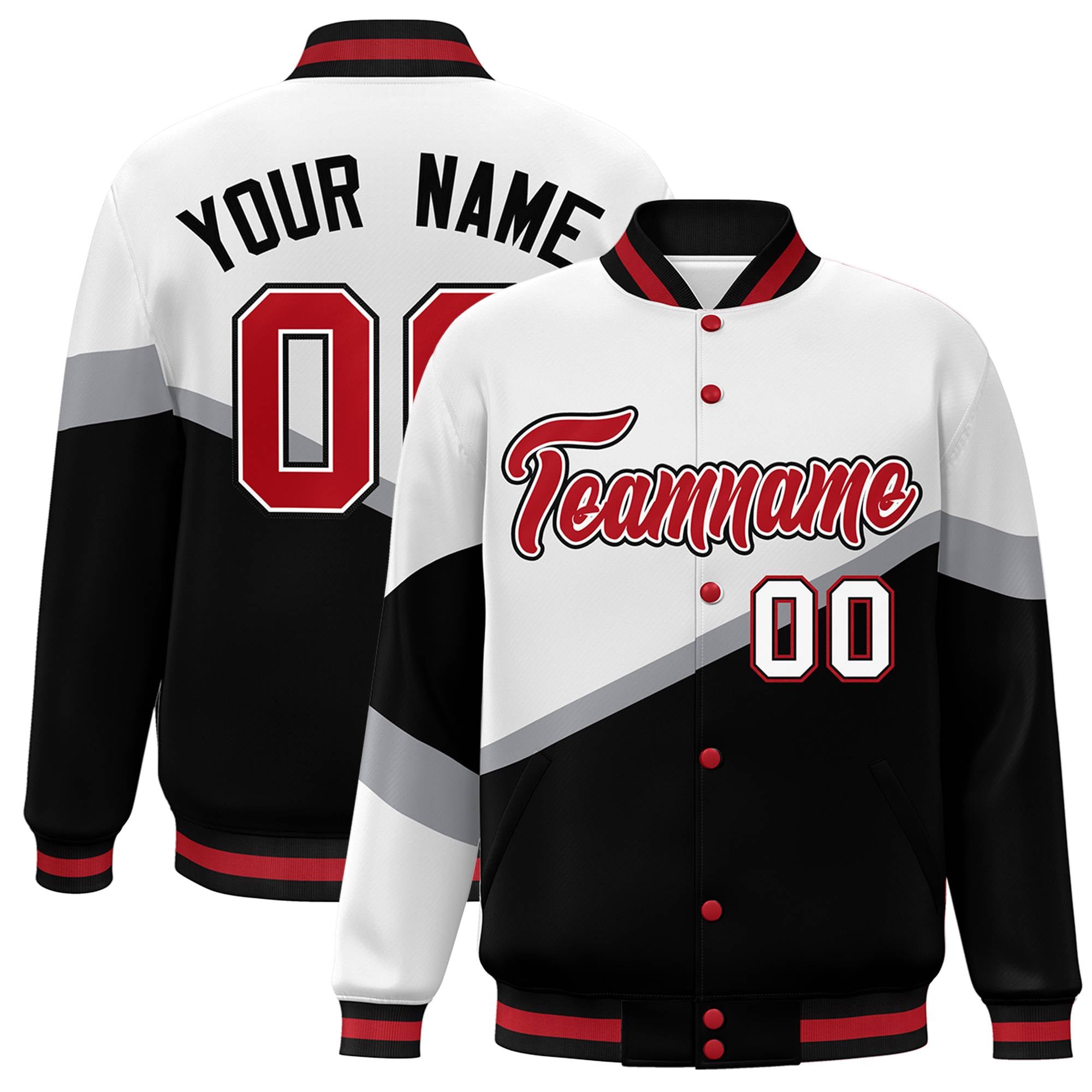 Custom White Black Red-White Color Block Bomber Varsity Baseball Jacket