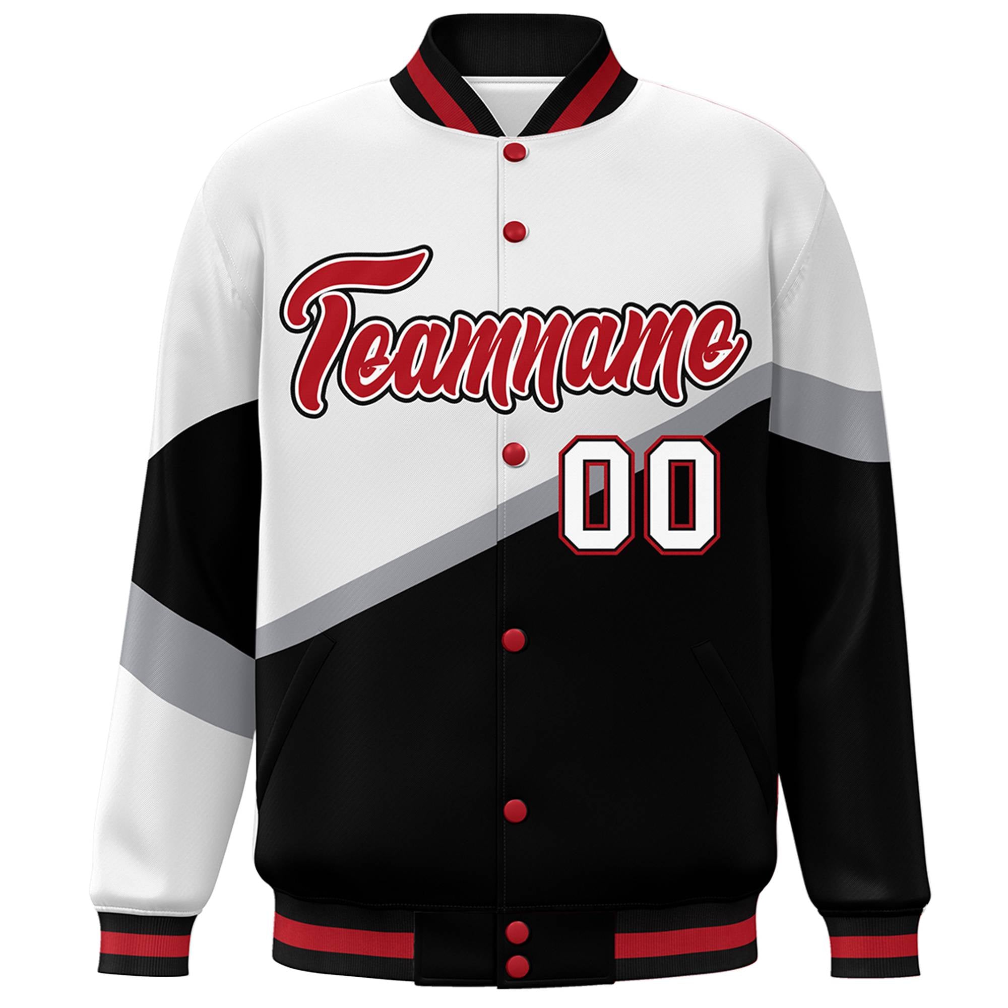 Custom White Black Red-White Color Block Bomber Varsity Baseball Jacket