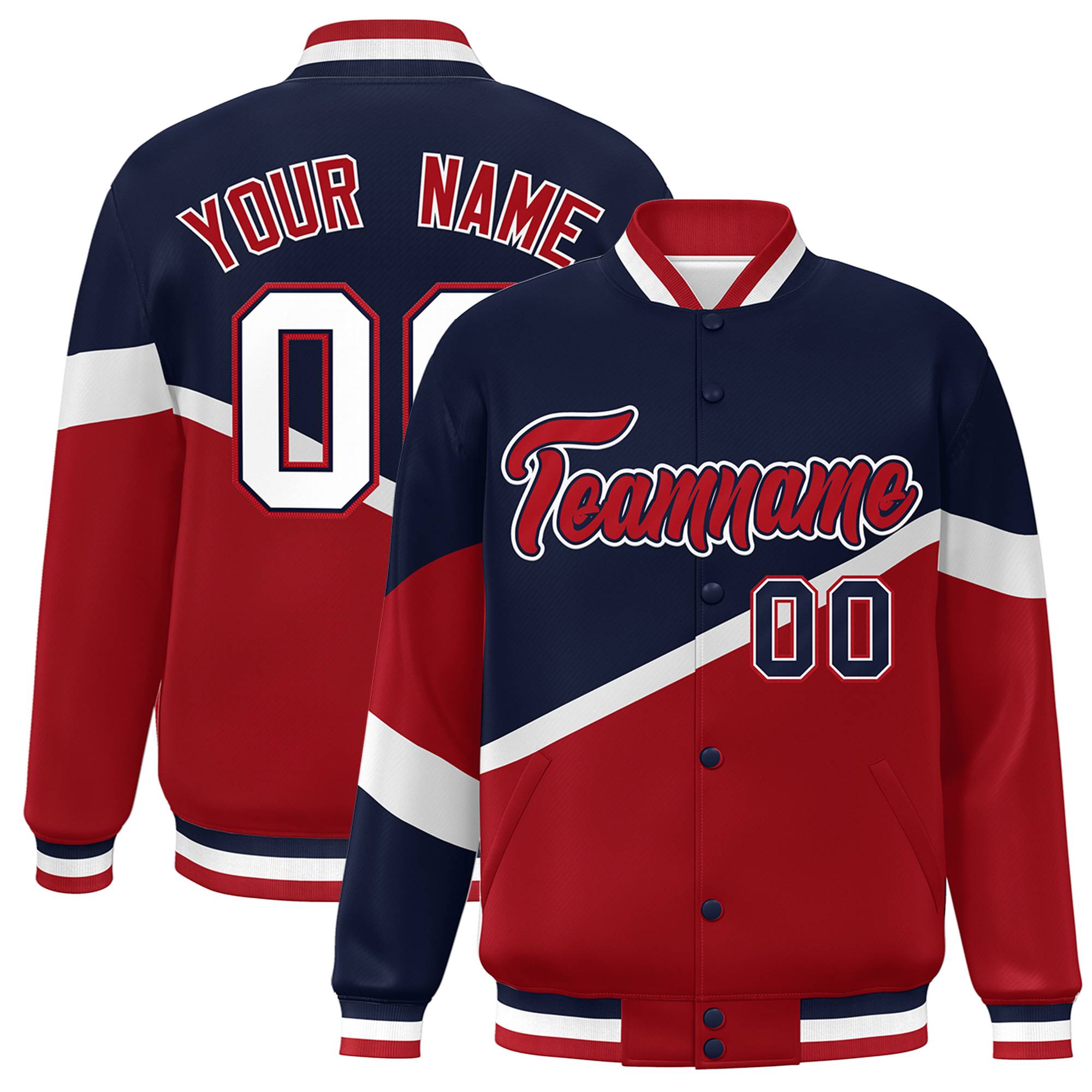 Custom Navy Red-Navy Color Block Bomber Varsity Baseball Jacket