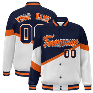 Custom Navy White Orange-Navy Color Block Bomber Varsity Baseball Jacket