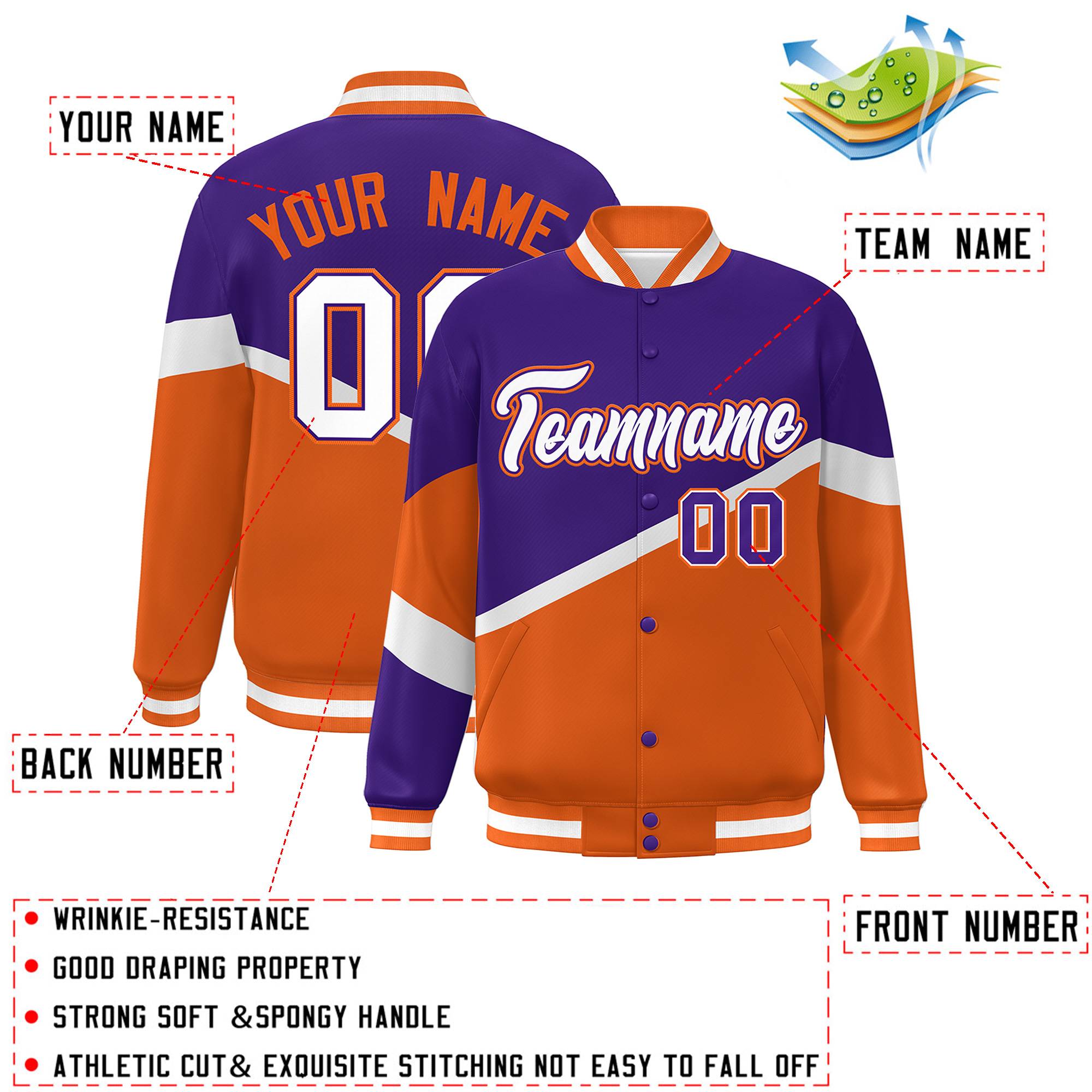 Custom Purple Orange White-Purple Color Block Bomber Varsity Baseball Jacket