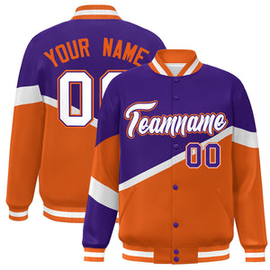 Custom Purple Orange White-Purple Color Block Bomber Varsity Baseball Jacket