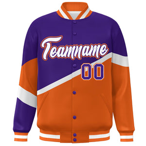 Custom Purple Orange White-Purple Color Block Bomber Varsity Baseball Jacket