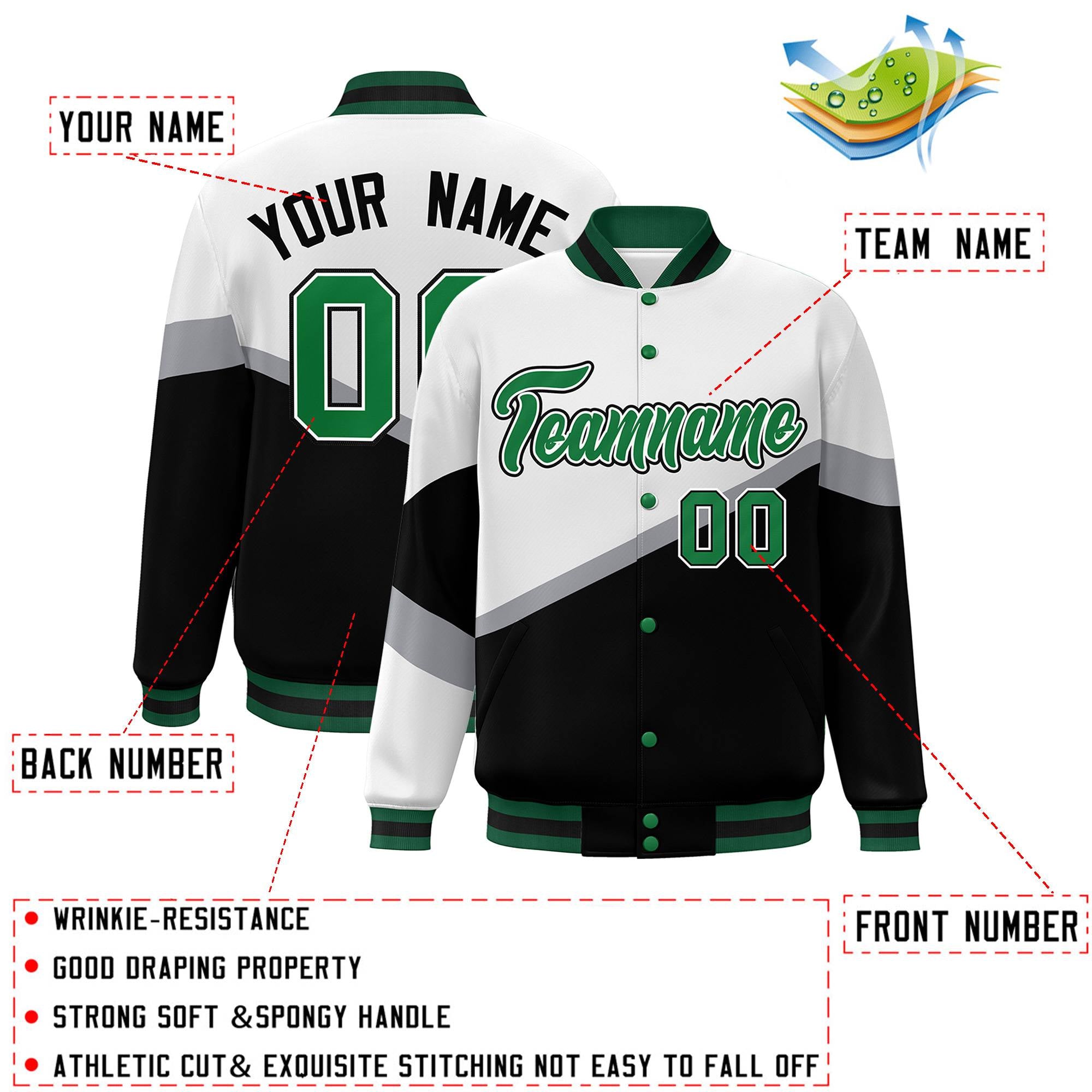 Custom White Black Kelly Green-White Color Block Bomber Varsity Baseball Jacket