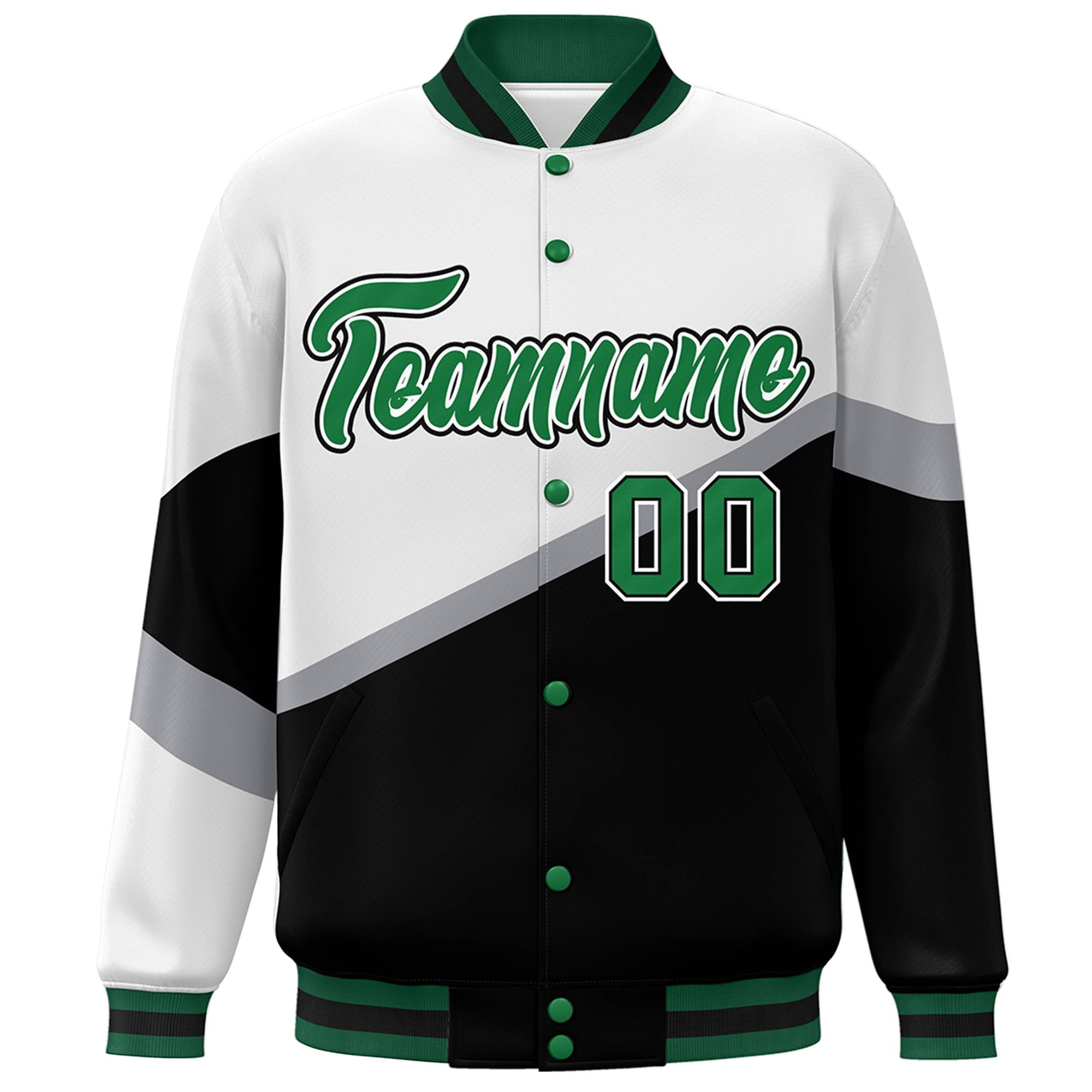 Custom White Black Kelly Green-White Color Block Bomber Varsity Baseball Jacket