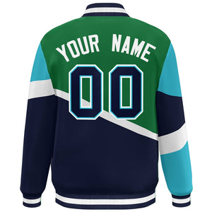 Custom Kelly Green Navy-White Color Block Bomber Varsity Baseball Jacket