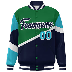 Custom Kelly Green Navy-White Color Block Bomber Varsity Baseball Jacket