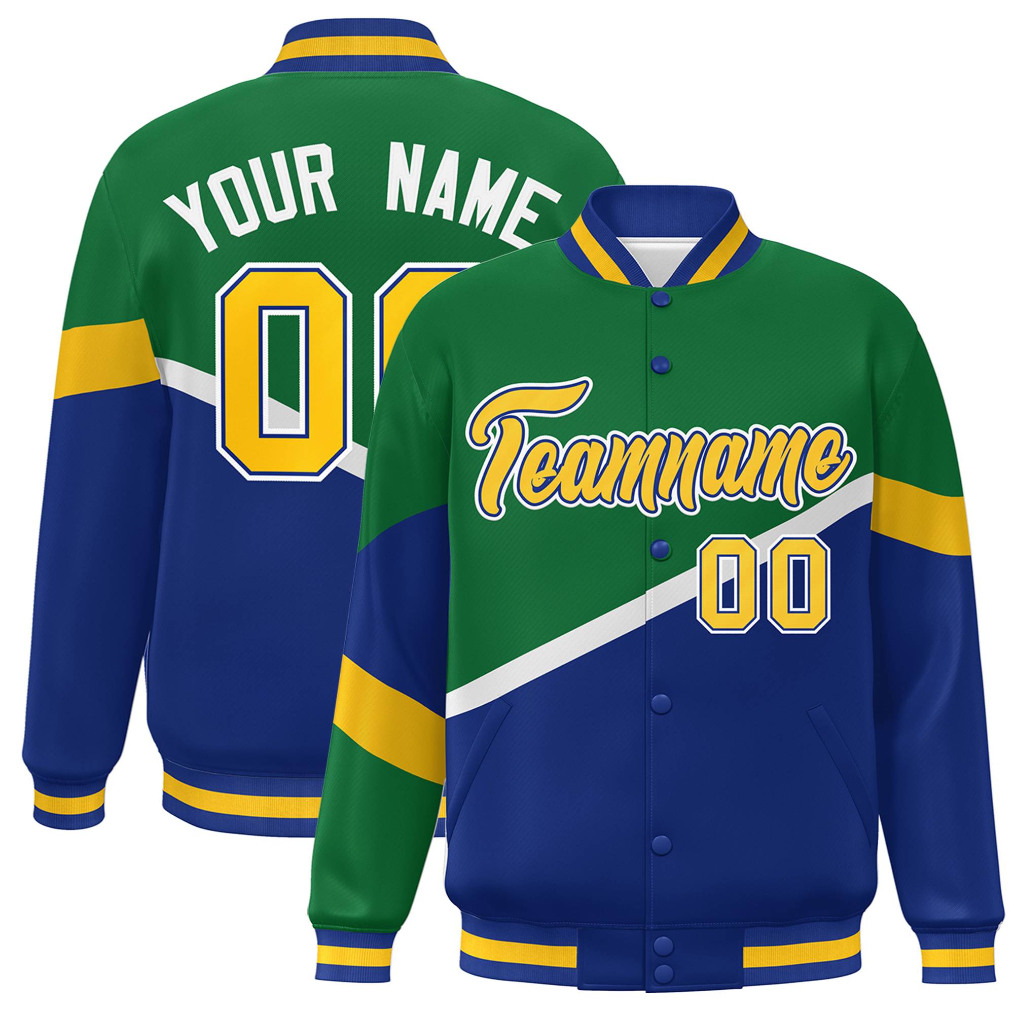 Custom Kelly Green Royal Gold-Royal Color Block Bomber Varsity Baseball Jacket