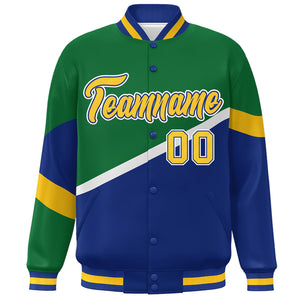 Custom Kelly Green Royal Gold-Royal Color Block Bomber Varsity Baseball Jacket