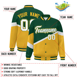 Custom Green Gold White-Green Color Block Bomber Varsity Baseball Jacket