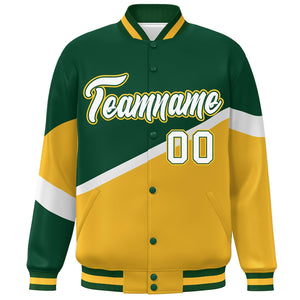 Custom Green Gold White-Green Color Block Bomber Varsity Baseball Jacket