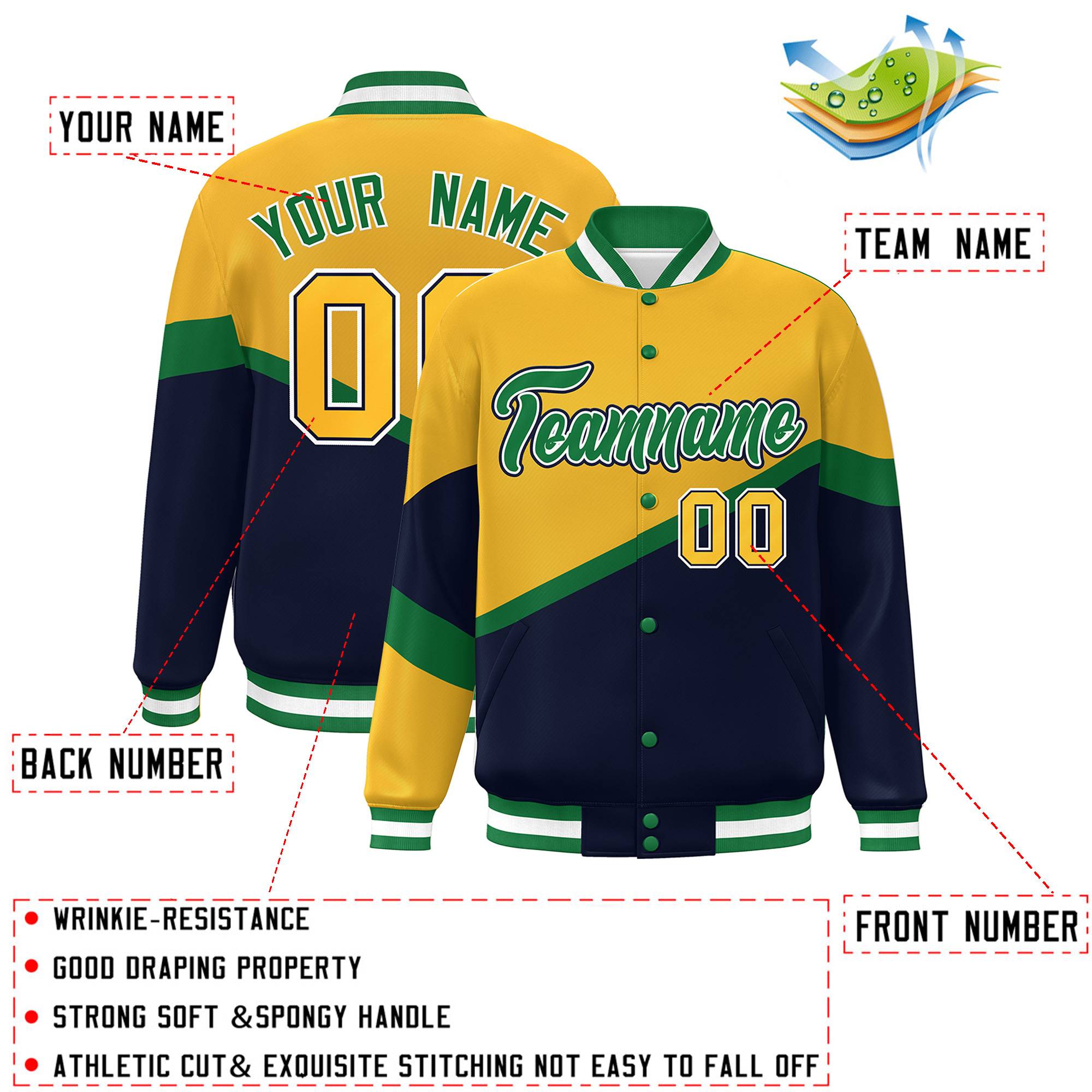 Custom Gold Navy Kelly Green-White Color Block Bomber Varsity Baseball Jacket