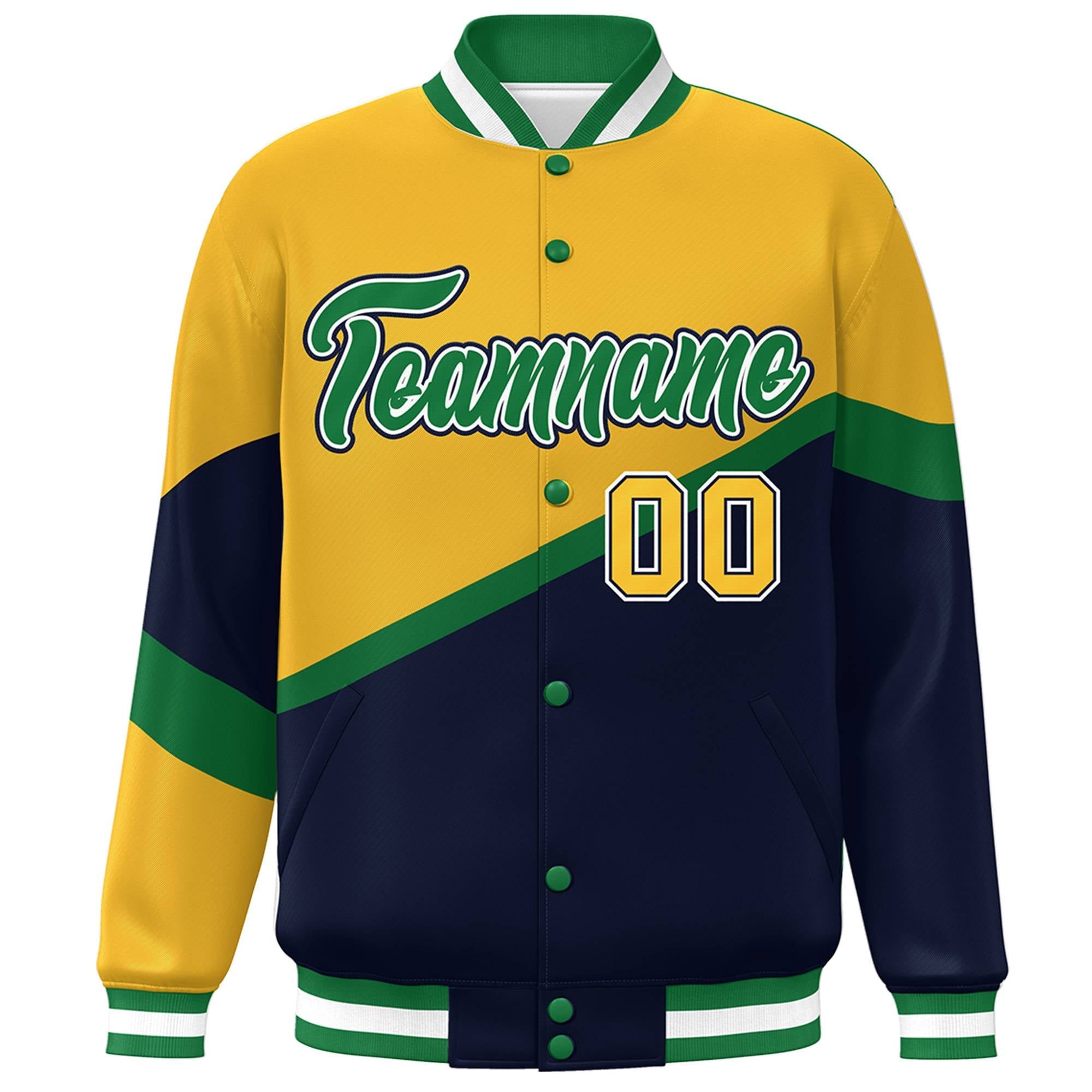 Custom Gold Navy Kelly Green-White Color Block Bomber Varsity Baseball Jacket