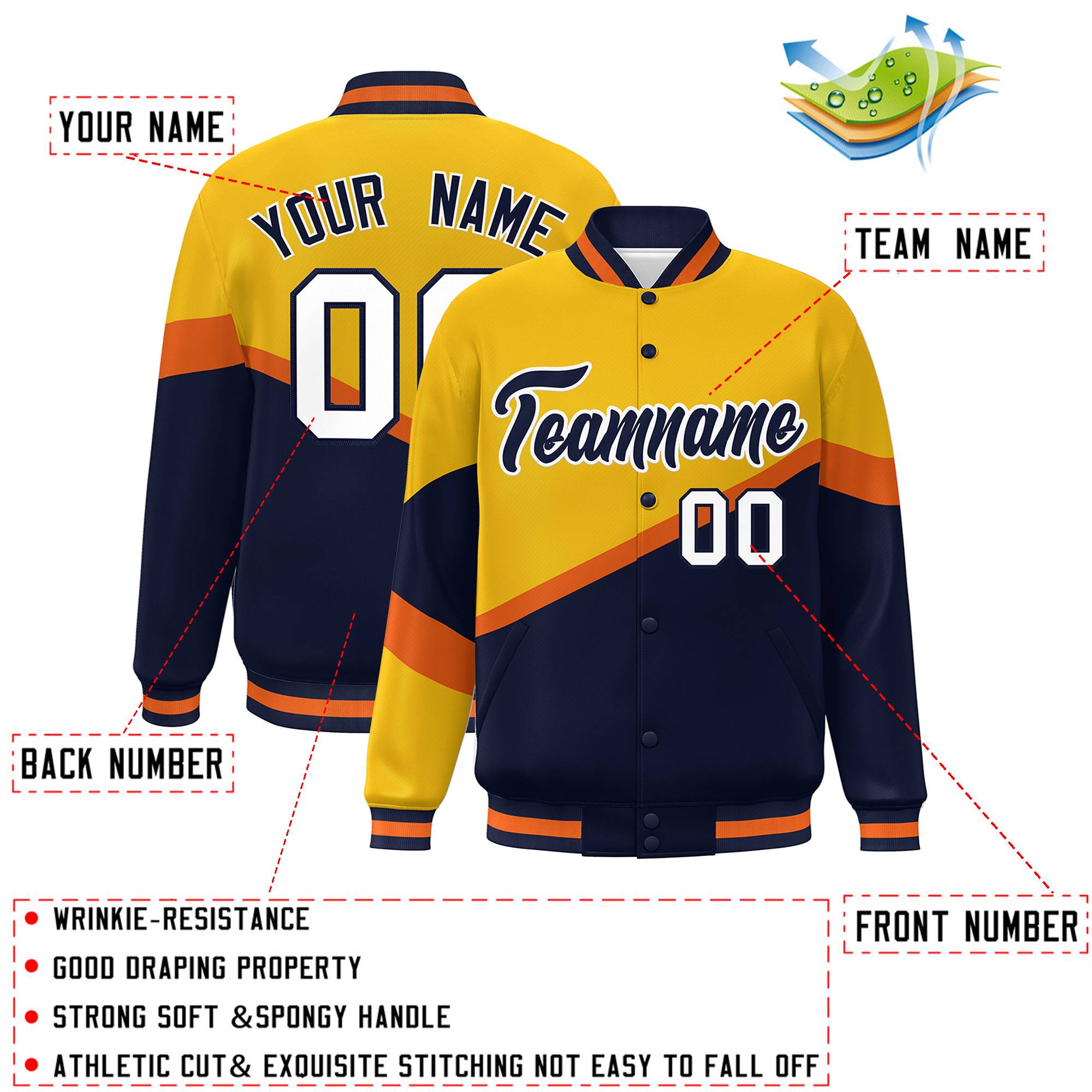 Custom Gold Navy-White Color Block Bomber Varsity Baseball Jacket