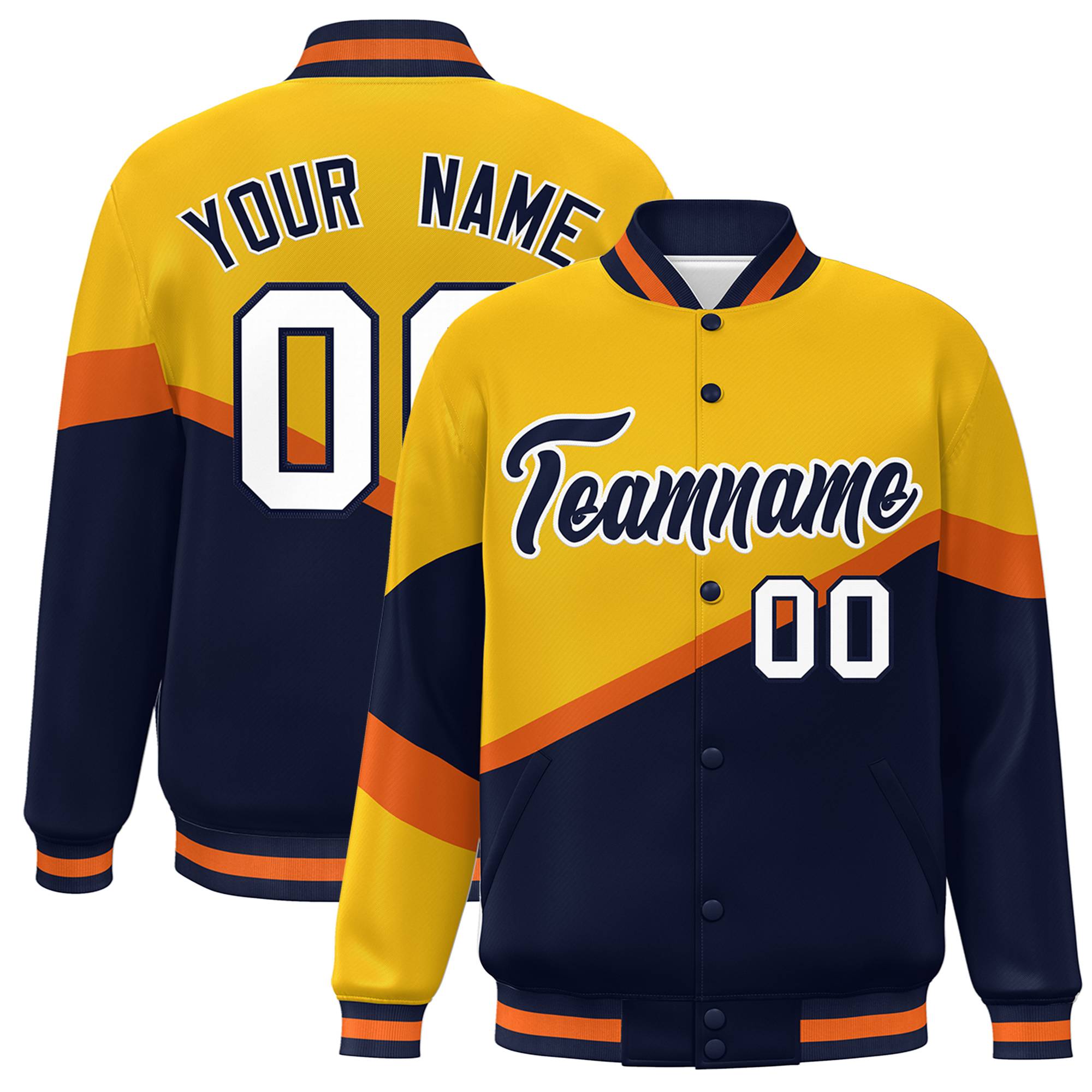 Custom Gold Navy-White Color Block Bomber Varsity Baseball Jacket