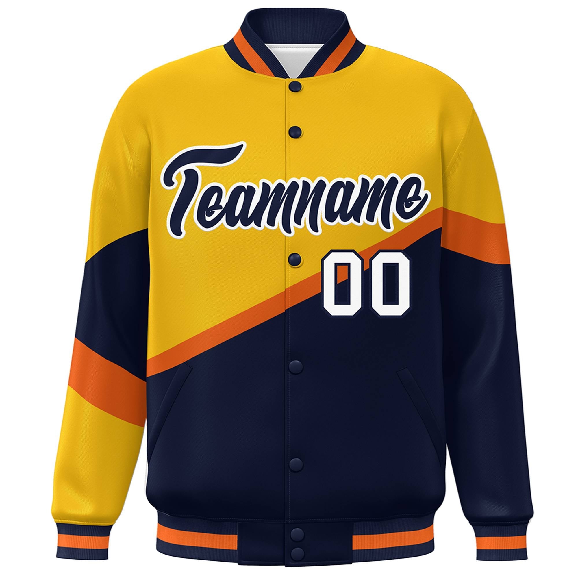 Custom Gold Navy-White Color Block Bomber Varsity Baseball Jacket