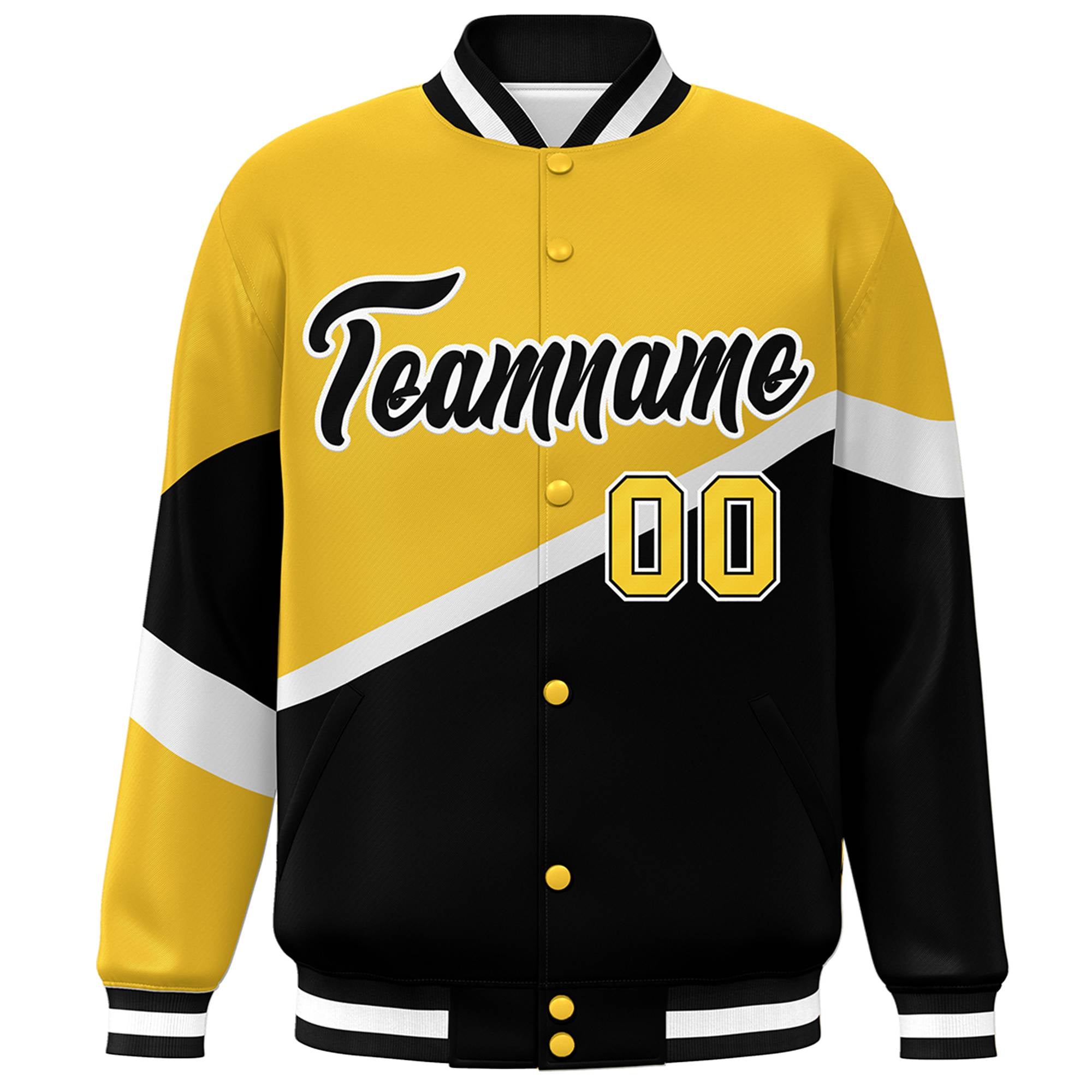 Custom Gold Black-White Color Block Bomber Varsity Baseball Jacket