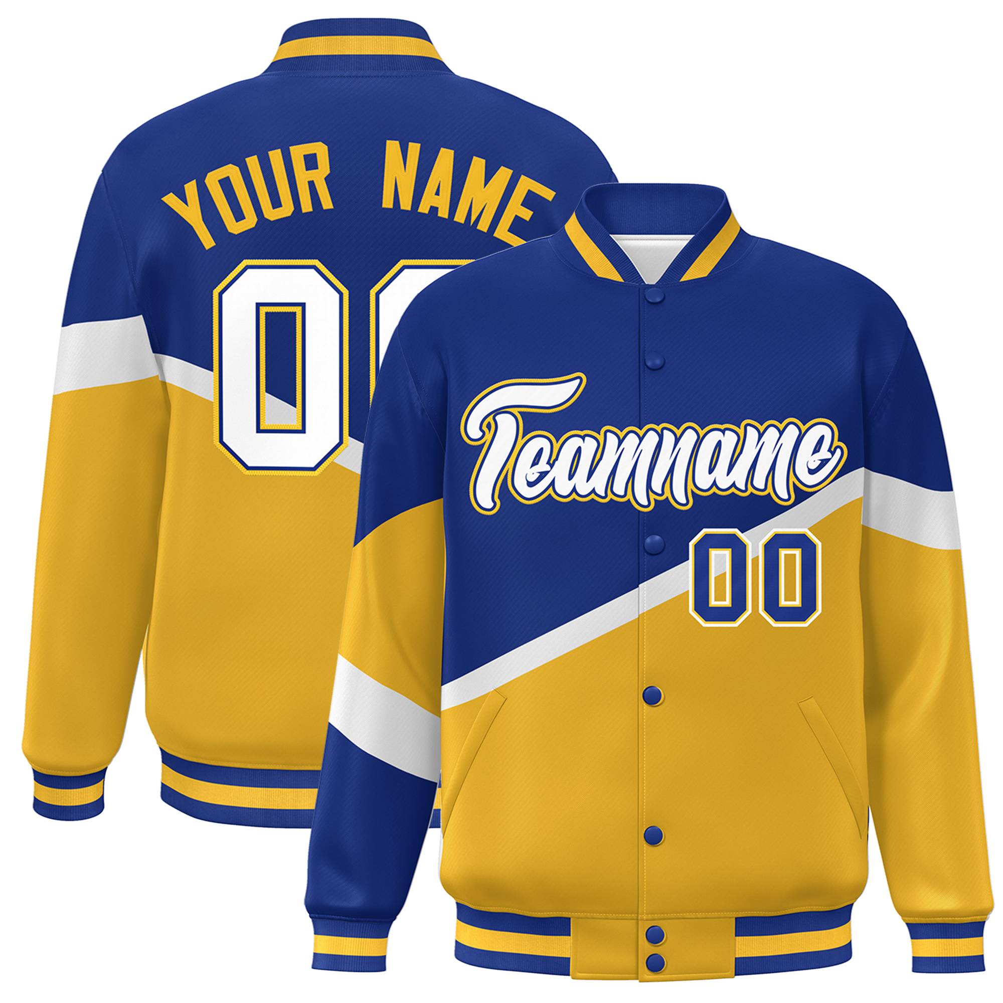 Custom Royal Gold White-Royal Color Block Bomber Varsity Baseball Jacket