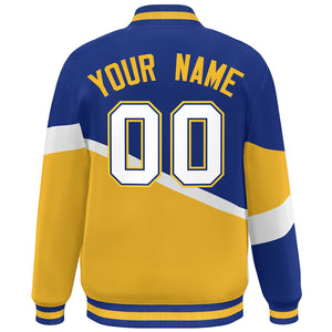 Custom Royal Gold White-Royal Color Block Bomber Varsity Baseball Jacket