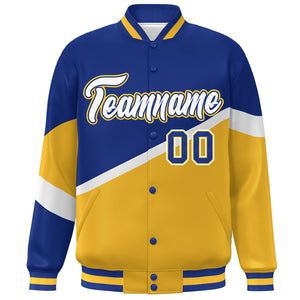 Custom Royal Gold White-Royal Color Block Bomber Varsity Baseball Jacket