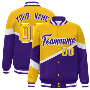 Custom Gold Purple-White Color Block Bomber Varsity Baseball Jacket