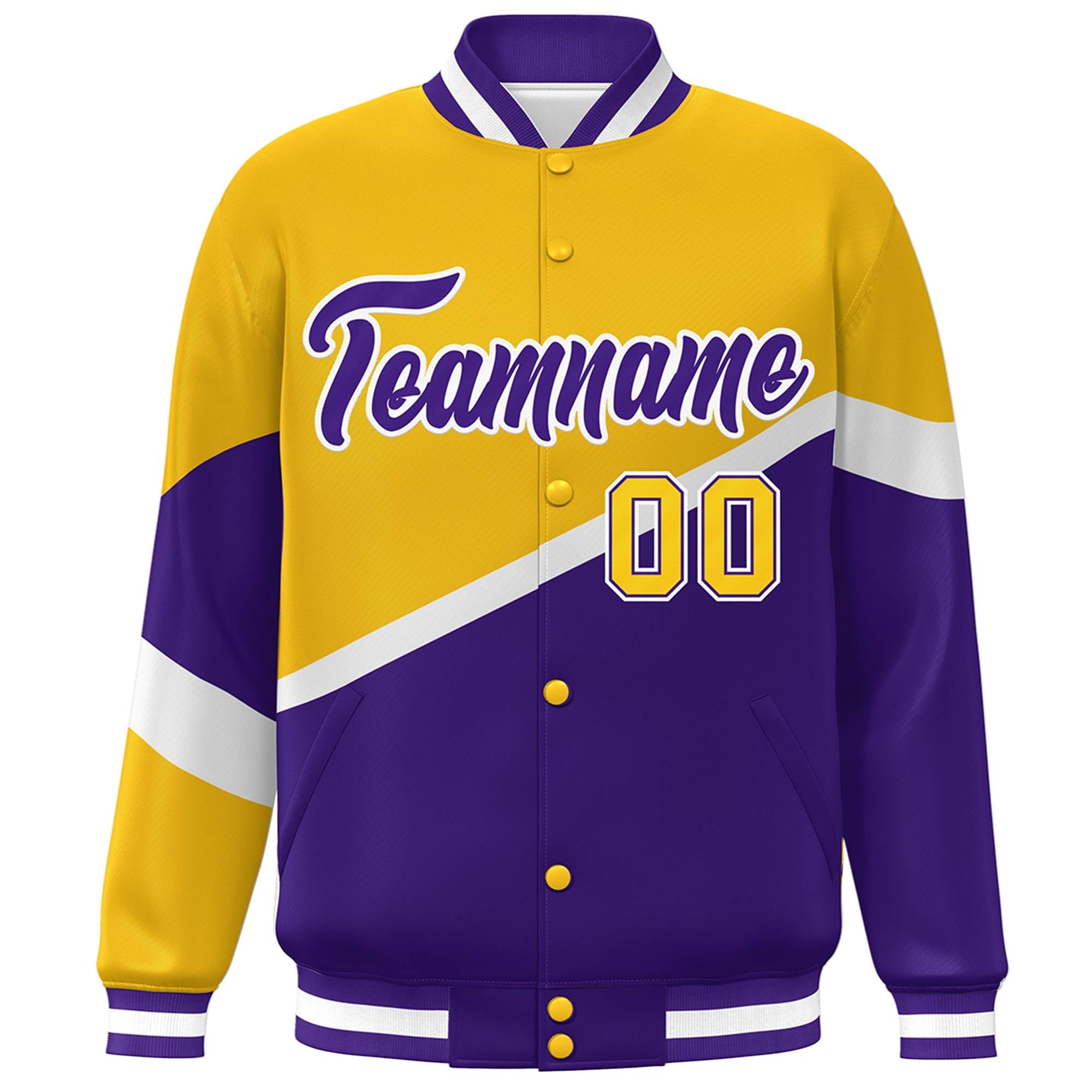 Custom Gold Purple-White Color Block Bomber Varsity Baseball Jacket