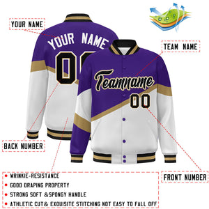 Custom Purple White Black-White Color Block Bomber Varsity Baseball Jacket