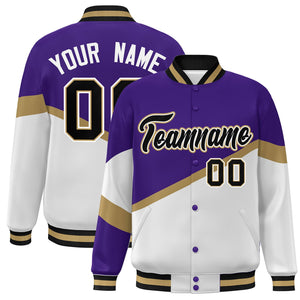 Custom Purple White Black-White Color Block Bomber Varsity Baseball Jacket