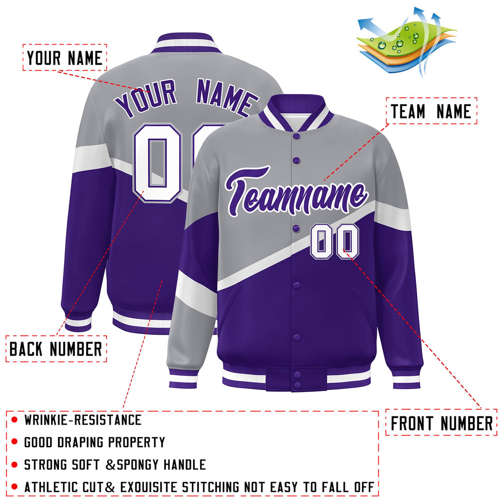 Custom Gray Purple-White Color Block Bomber Varsity Baseball Jacket