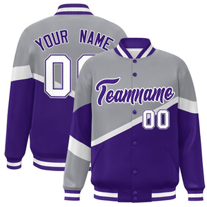 Custom Gray Purple-White Color Block Bomber Varsity Baseball Jacket