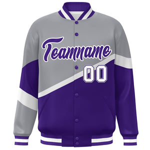 Custom Gray Purple-White Color Block Bomber Varsity Baseball Jacket