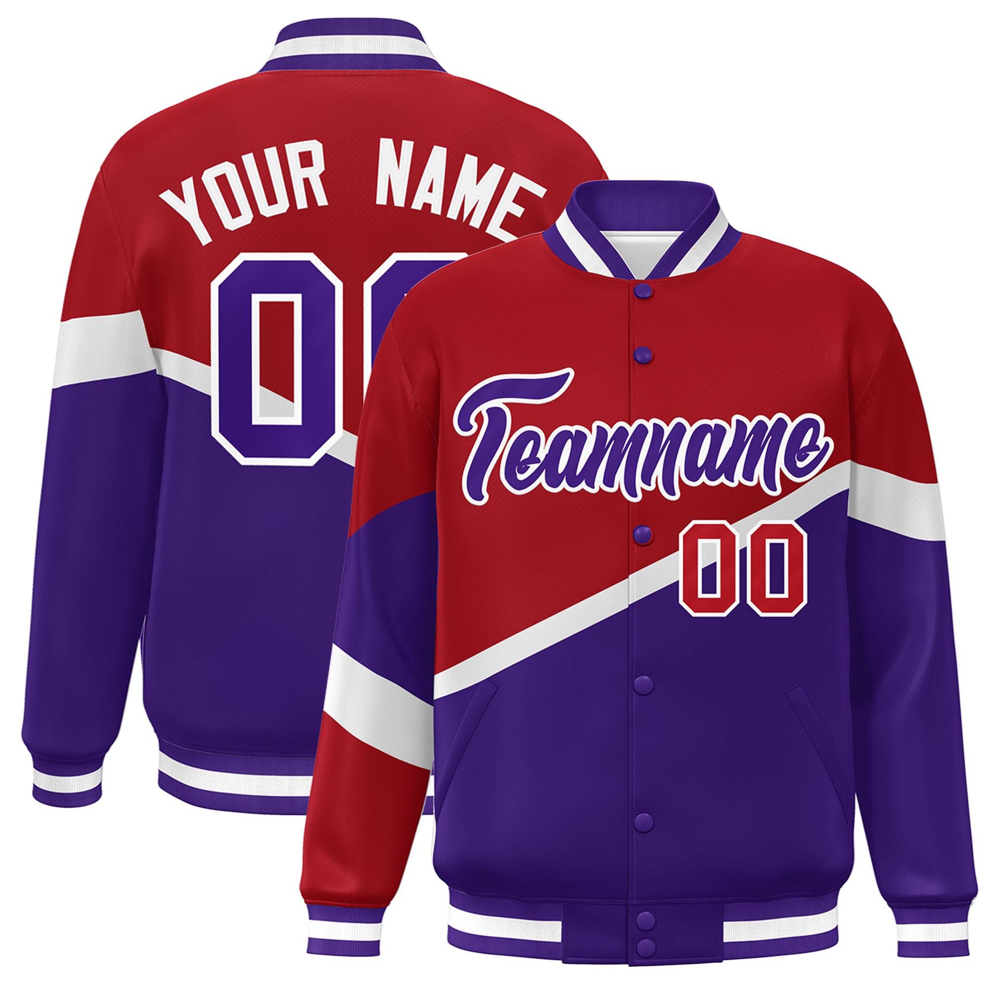 Custom Red Purple-White Color Block Bomber Varsity Baseball Jacket