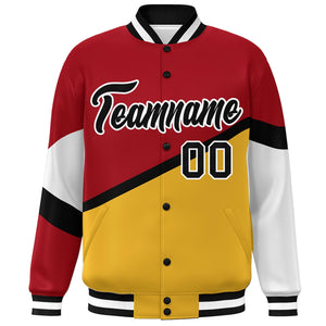 Custom Red Gold Black-White Color Block Bomber Varsity Baseball Jacket