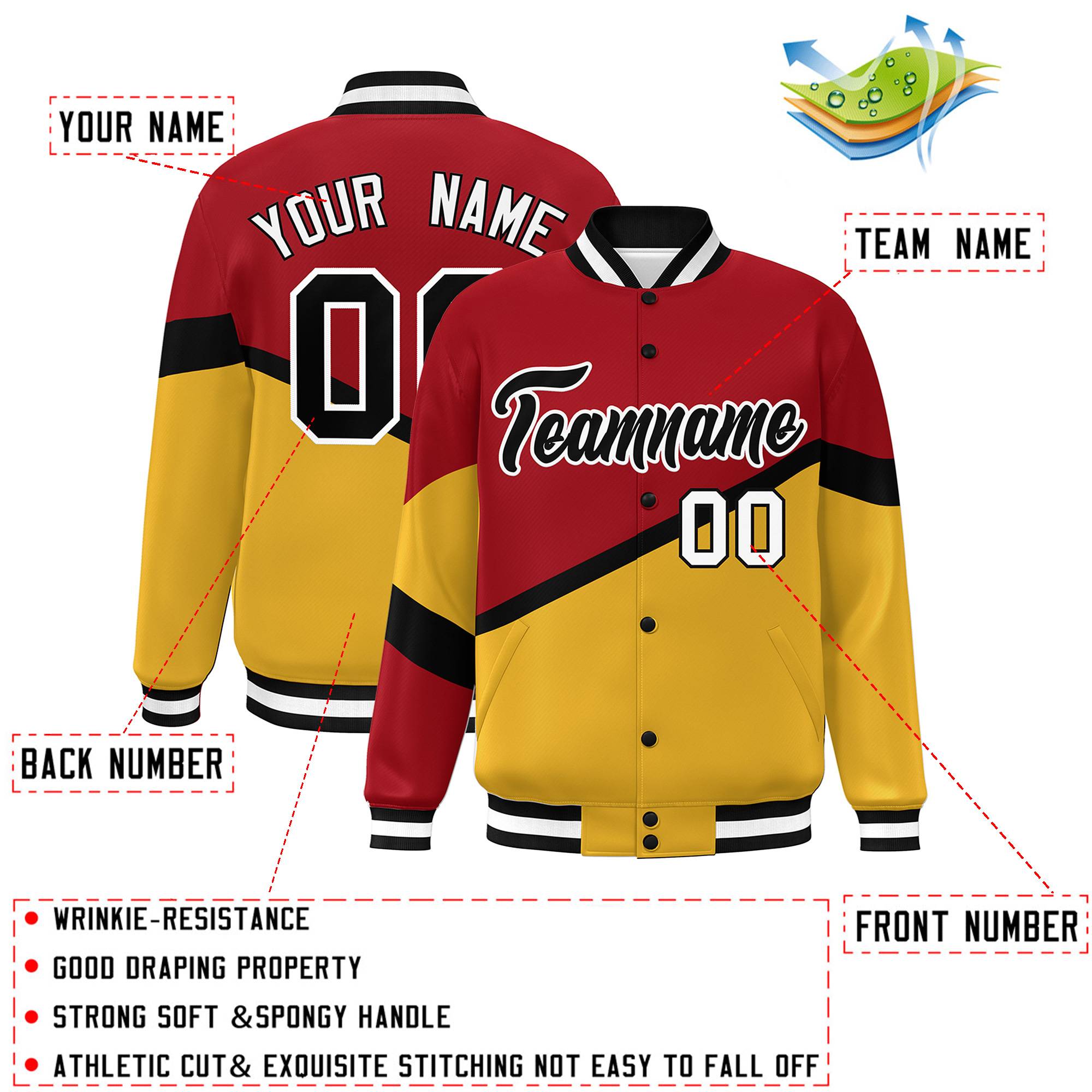 Custom Red Gold Black-White Color Block Bomber Varsity Baseball Jacket