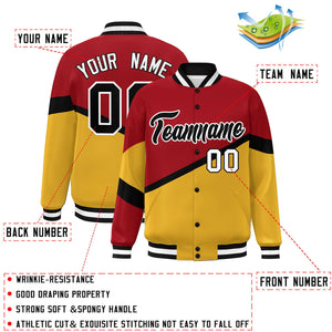 Custom Red Gold Black-White Color Block Bomber Varsity Baseball Jacket