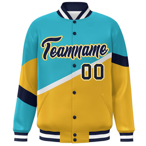 Custom Light Blue Gold Navy-White Color Block Bomber Varsity Baseball Jacket