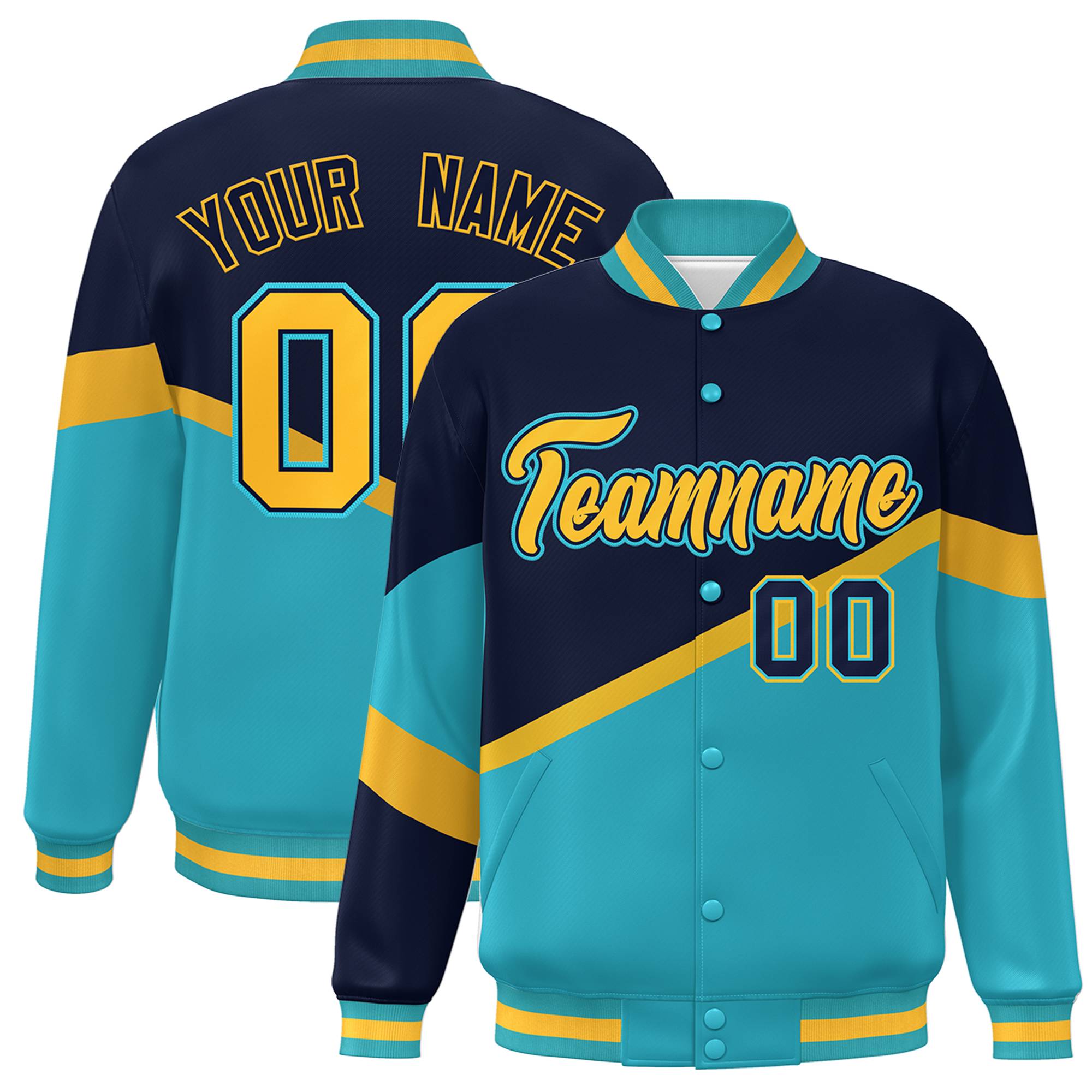 Custom Navy Light Blue Gold-Navy Color Block Bomber Varsity Baseball Jacket