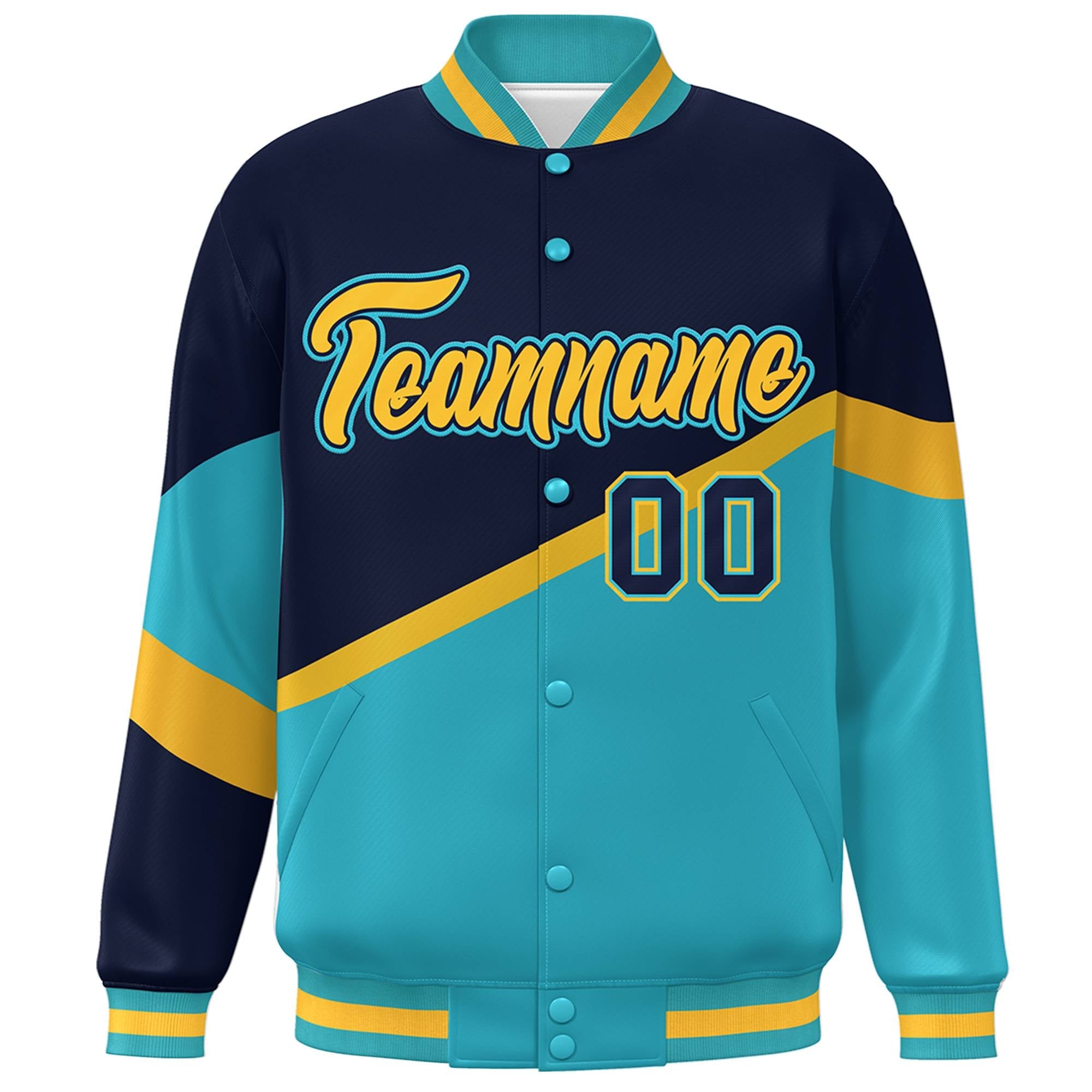 Custom Navy Light Blue Gold-Navy Color Block Bomber Varsity Baseball Jacket